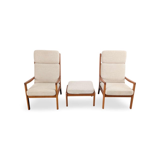 We are offering a beautiful set of three vintage high-back armchairs, including an ottoman, from the 1960s by the renowned...