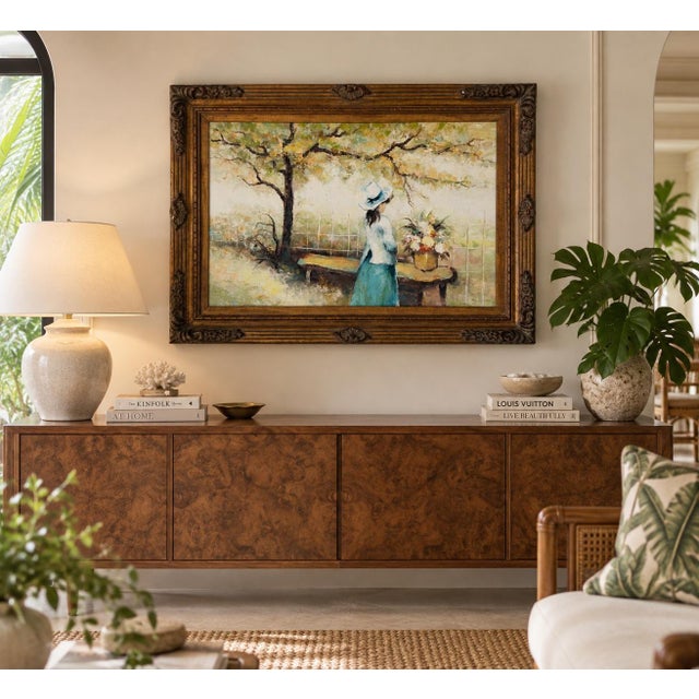 Beautiful 1960s original oil on canvas painting by Harrison E. Clark, depicting an elegantly dressed woman standing...