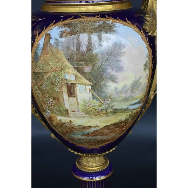 Ceramic Late 19th Century Oversized French Blue Royal Hand-Painted Sevres Lidded Vase For Sale - Image 7 of 11