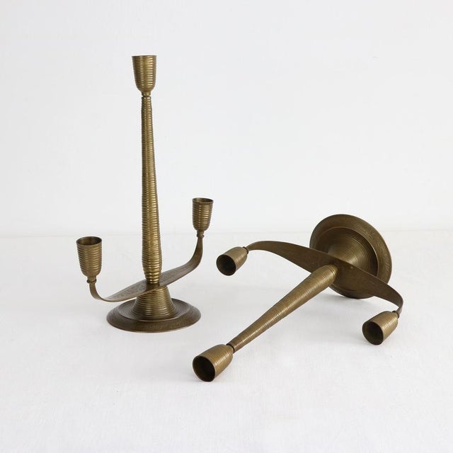Mid-Century Modern Vintage Three-Lamp Candlesticks in Engraved Brass, 1950s, Set of 2 For Sale - Image 3 of 7