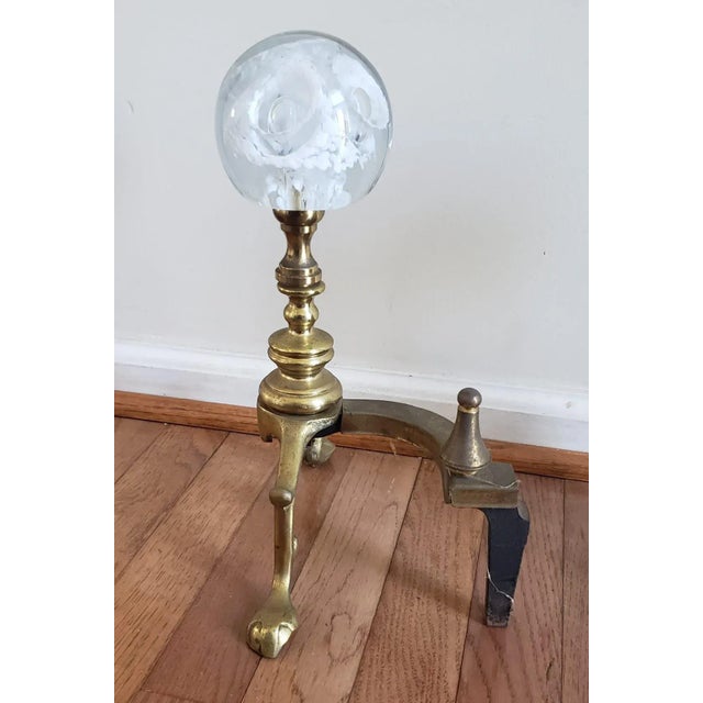 Metal Pair of Regency Brass & Murano Glass Ball Andirons For Sale - Image 7 of 8