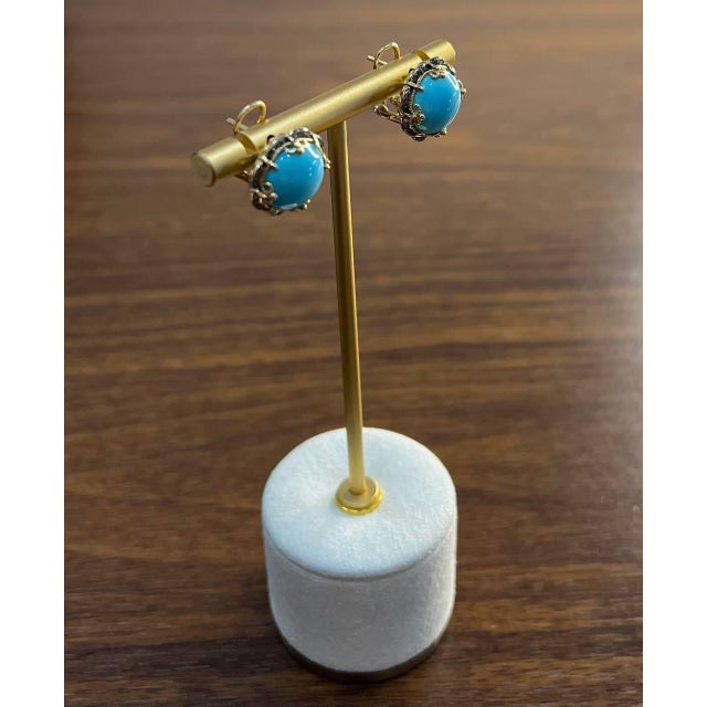 Blue Teal Turquoise Diamonds Halo Floral 14k Yellow Gold Statement Earrings - Set of 2 For Sale - Image 9 of 12