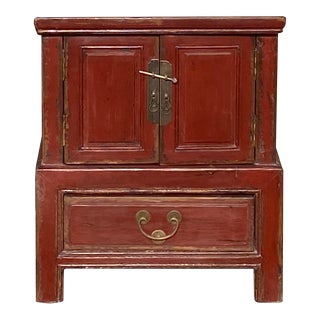 Oriental Distressed Orange Red Metal Hardware End Table Nightstand For Sale