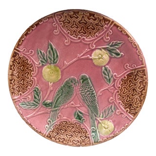 French Pink Majolica Parakeets Plate Salins, Circa 1890 For Sale