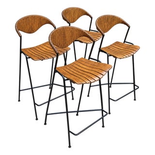 Wrought Iron, Wicker and Wood Slatted Bar Stools by Arthur Umanoff for Raymor, 1950s For Sale