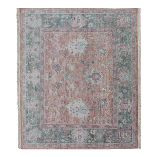 Square Oushak Design Rug in Light Green, Pink and Coral With All-Over Design For Sale