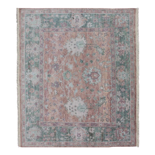 Square Oushak Design Rug in Light Green, Pink and Coral With All-Over Design For Sale