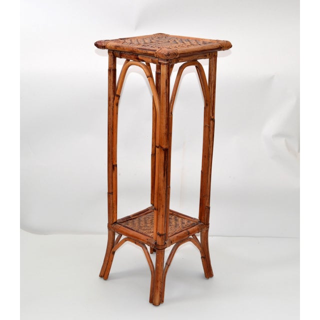 Tall MidCentury Modern Hand Woven Wicker, Rattan Plant Stand Sculpture