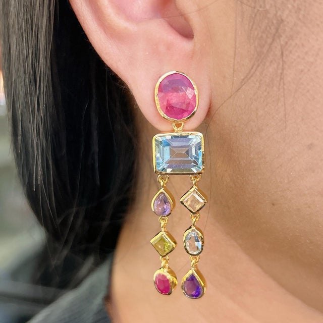Late 20th Century Bochic “Orient” Vintage Ruby & Multi gem Cascading Earrings Set 18K Gold&Silver For Sale - Image 5 of 7
