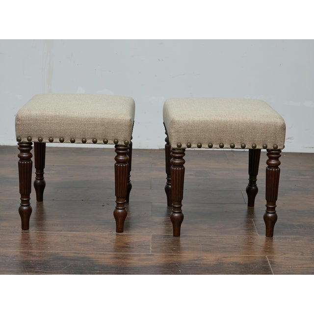 Wood Pair of 19th Century English Oak Stools with Custom Linen Upholstery For Sale - Image 7 of 11