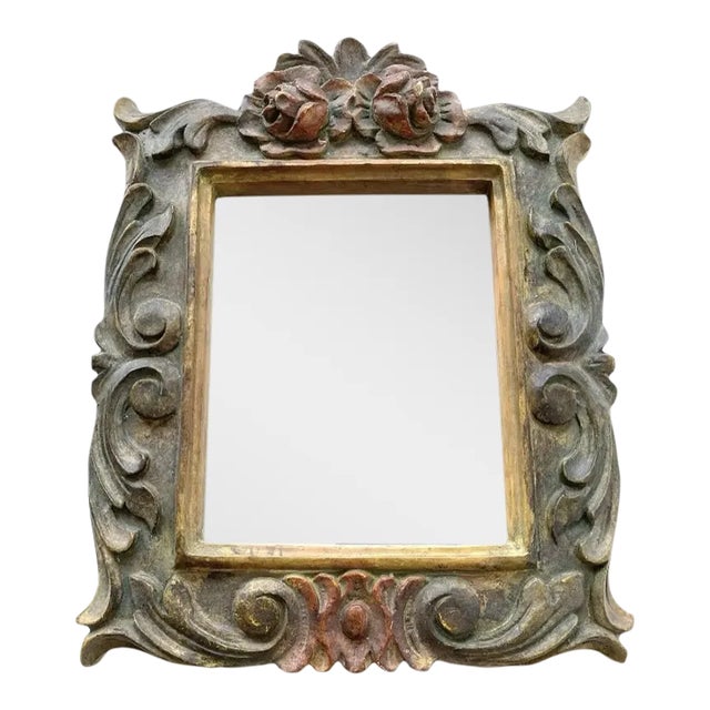 Vintage Molded Resin Accent Mirror With Faux Carved Wood Flower Embellishments For Sale