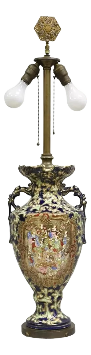Antique Japanese Chinoiserie Blue Floral Porcelain "Wiseman" Large Table Lamp