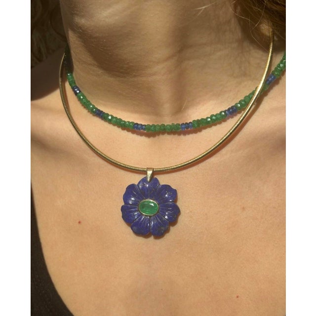 Flora Pendant, Lapis Flower With Emerald & 14k Gold For Sale In New York - Image 6 of 11