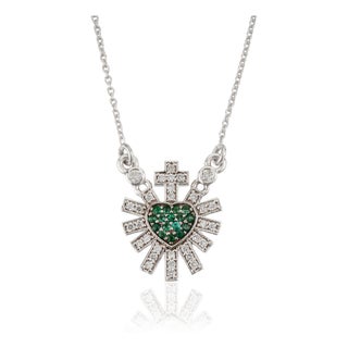 Celestial 14k White Gold Emerald Diamond Sacred Heart Cross Pendant Necklace For Sale