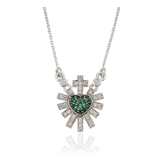 Celestial 14k White Gold Emerald Diamond Sacred Heart Cross Pendant Necklace For Sale