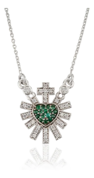 Celestial 14k White Gold Emerald Diamond Sacred Heart Cross Pendant Necklace
