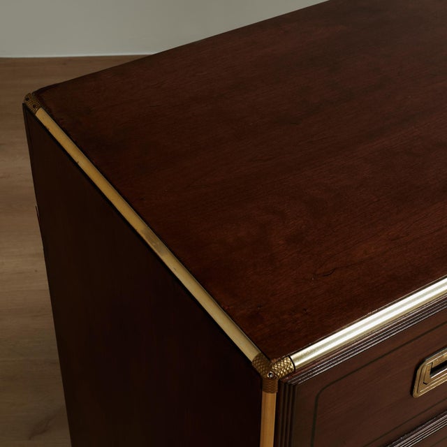 Wood Mid Century Campaign Style Chest of Drawers by Baker For Sale - Image 7 of 14