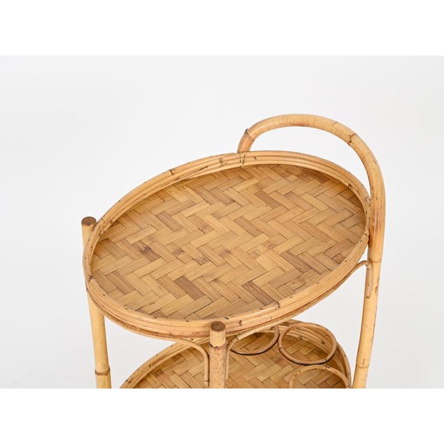 Mid-Century Italian Oval Serving Bar Cart Trolley in Bamboo and Rattan, 1960s For Sale - Image 8 of 13