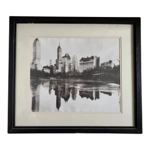 Vintage 1930s Nyc Gelatin Silver Photograph of Central Park Pond & Park Plaza Hotel