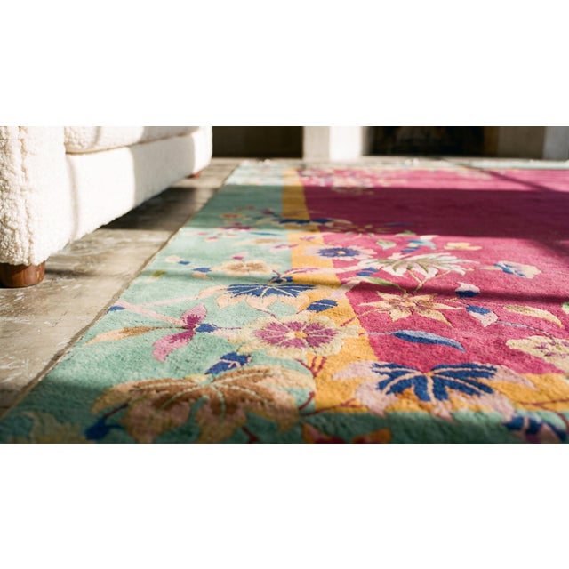 1920s Pink Dark Floral Antique Chinese Art Deco Rug 9' X 11'6" Handknotted Wool Carpet For Sale In New York - Image 6 of 8