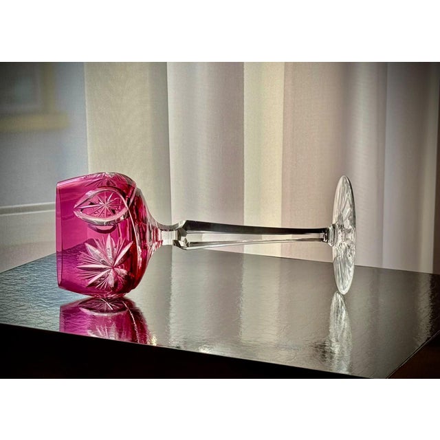 Glass Vintage Ruby Cut-to-Clear Crystal Hock Wine Glasses, 1950, Set of 6 For Sale - Image 7 of 16