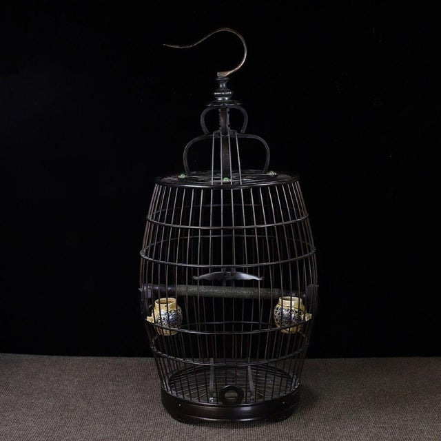 Late 19th Century Vintage Hardwood Birdcage With Mother-of-Pearl Inlay and Porcelain Cups For Sale - Image 5 of 9