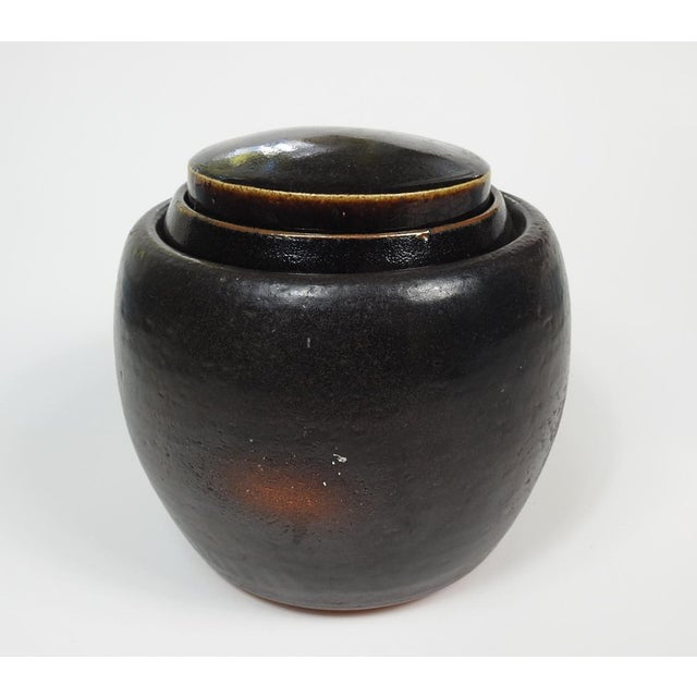 Rustic Mid 20th Century Covered Brown Pottery Jar For Sale - Image 3 of 9