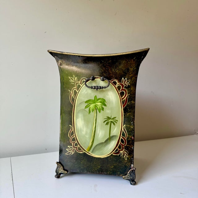 Green Vintage Hand Painted Palm Tree Wastebasket For Sale - Image 8 of 8