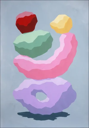 2024, Urban Cubist Painting in Pastel Tones, "Fresh Imbalance Totem", Acrylic Painting on Watercolor Paper by Ryan Rivadeneyra