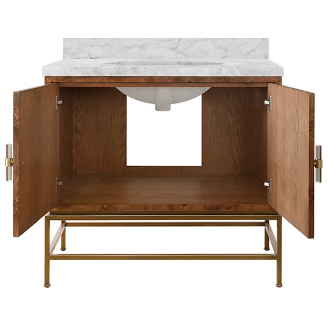 Contemporary Matthew Izzo Home Clifford 36.5" Dark Burlwood Single Porcelain Sink, Two Door Bath Vanity With Carrara Marble, Brass Base and Acrylic Hardware For Sale - Image 3 of 9