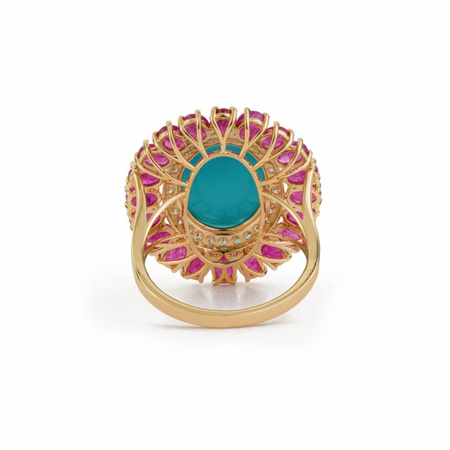 14k Yellow Gold 9.35ct Cabochon Turquoise Ruby & Diamond Halo Cocktail Ring Size 4 For Sale - Image 10 of 18
