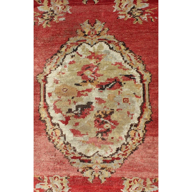 1920s Antique Turkish Oushak Runner With European Design in Red Brown and Green For Sale - Image 5 of 9