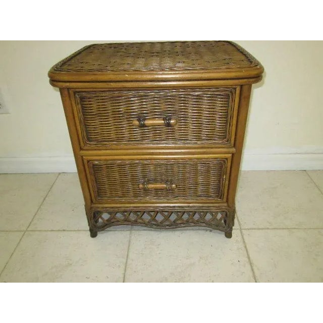 1980s Wicker Rattan Nightstand 2 Drawer Dark Tone For Sale - Image 10 of 12