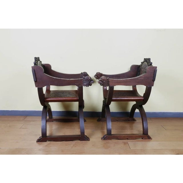 Spanish 1970s Pair of Spain Wood and Leather Side Chairs For Sale - Image 3 of 13