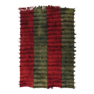 Vintage Turkish Tulu Rug, Long hair Angora wool, Green and Red For Sale