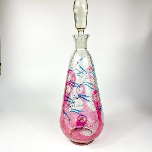 Mid-Century Modern Crackle Glass Enameled Botanical design Decanter Bohemia. 16.5'' tall with the stopper. small fleabites...