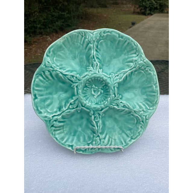 1940s French Gien Turquoise Majolica Oyster Plate For Sale - Image 10 of 14
