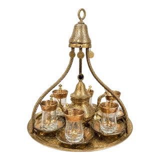 Vintage Brass Turkish Tea Set With Tray & Glasses For Sale