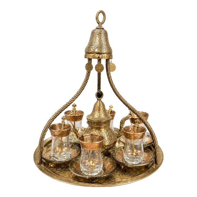 Vintage Brass Turkish Tea Set With Tray & Glasses For Sale