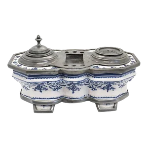 French Rouen Pewter Mounted Blue and White Faience Pottery Inkstand