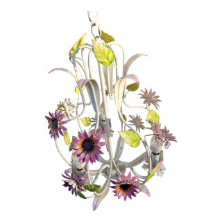 Vintage Painted Tole Floral Chandelier For Sale