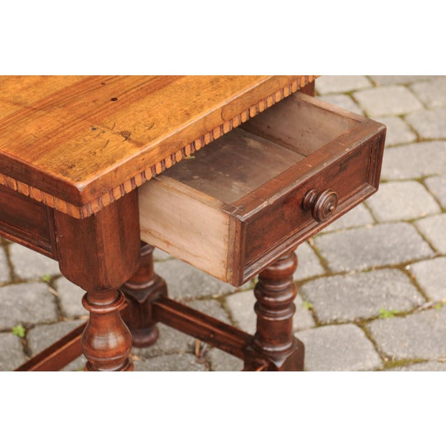 Italian 1870s Walnut Side Table with Dentil Molding, Drawer and Turned Base For Sale - Image 9 of 11