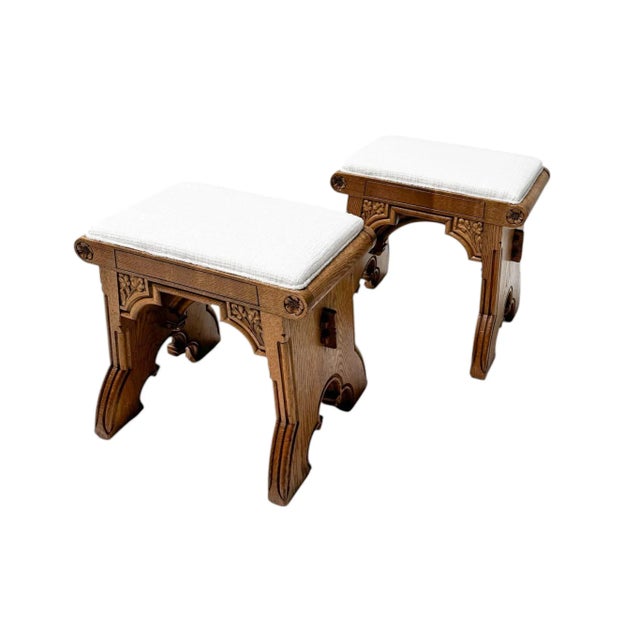 Arts & Crafts Hand-Carved Oak Stools with Boucle Upholstery, 1900s, Set of 2 For Sale - Image 9 of 16