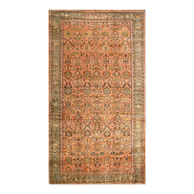 1930s Orange Salmon Geometric Antique Persian Sultanabad Rug 10'10" X 20'2" Handknotted Wool Carpet For Sale