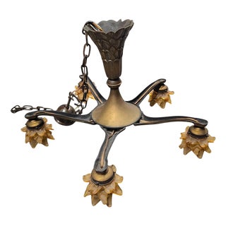 Art Deco Art Nouveau Brass Chandelier with Hand-Blown Floral Shades For Sale