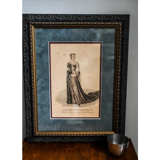 Framed Antique Anne of Auvergne, Dauphine De Bourbon, Medieval Fashion Print Plate Royalty For Sale - Image 9 of 9