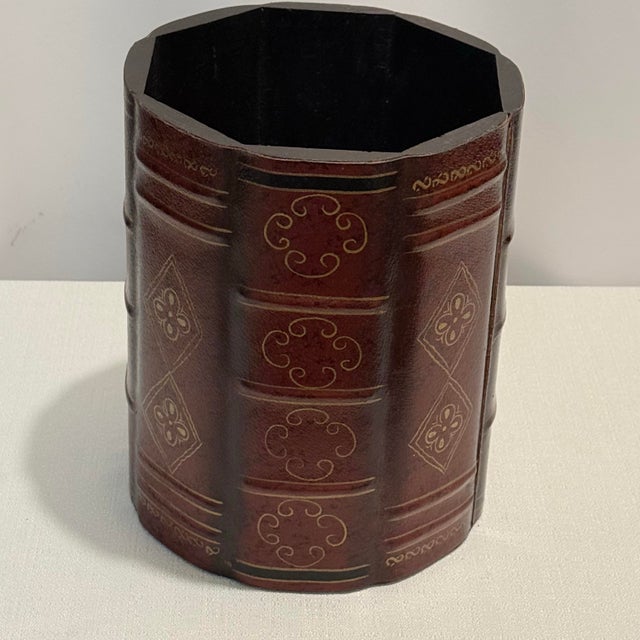 Campaign Vintage Faux Leather Trompe l'Oeil Book Spine Wastebasket - Maitland-Smith Style For Sale - Image 3 of 9