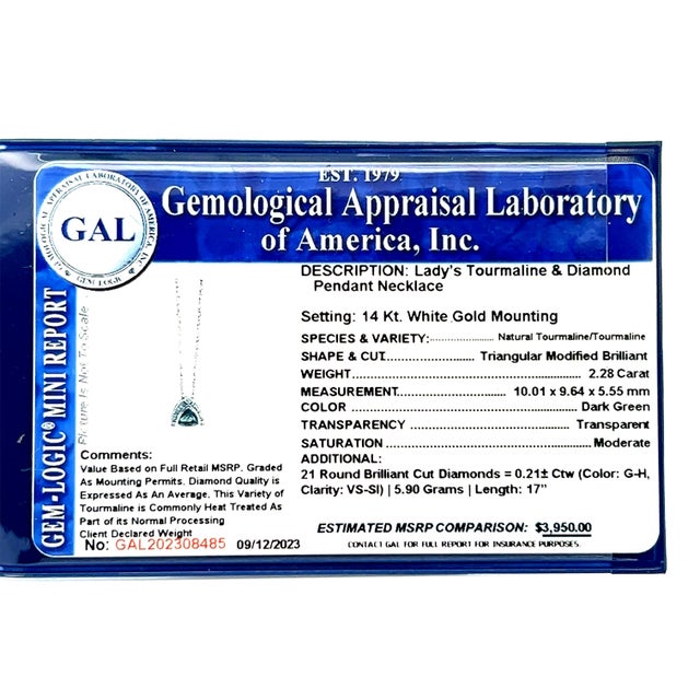 Natural Tourmaline Diamond Pendant Necklace 17" 14k W Gold 2.49 TCW Certified For Sale - Image 11 of 14