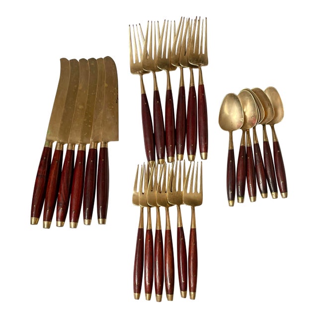 Mid 20th Century Brass & Rosewood Flatware Set for 6 Knives Forks Spoons 24 PCS Silverware For Sale