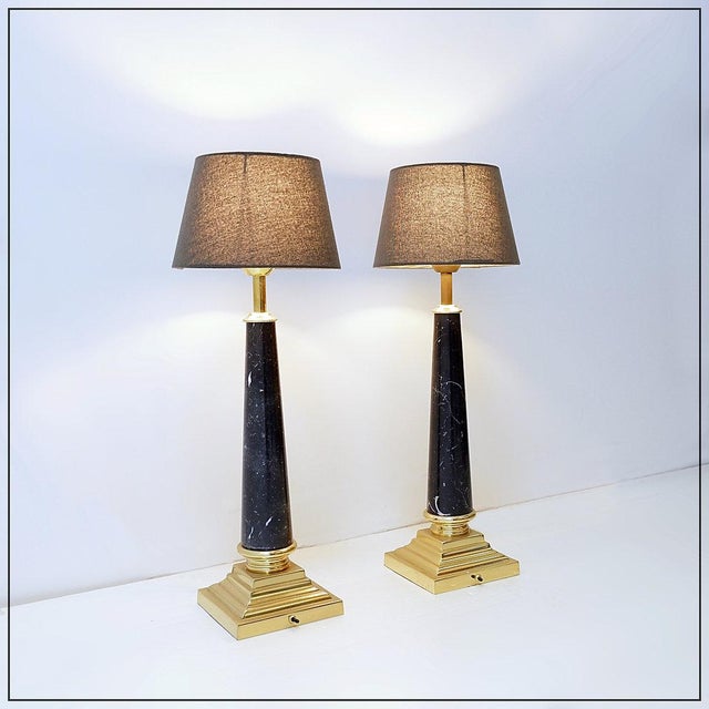 Brass Table Lamps with Black Marble Column, Set of 2 For Sale - Image 11 of 11